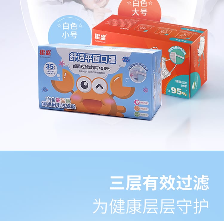 霍尼韦尔（Honeywell） 霍盛 HMSDM06 儿童一次性平面口罩 （细菌过滤效率BFE 99.9% 、印花款独立包装）